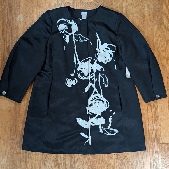 Chico’s Floral Drama Long Jacket Coat Black White Print Size 2 (12/14) - Picture 1 of 13